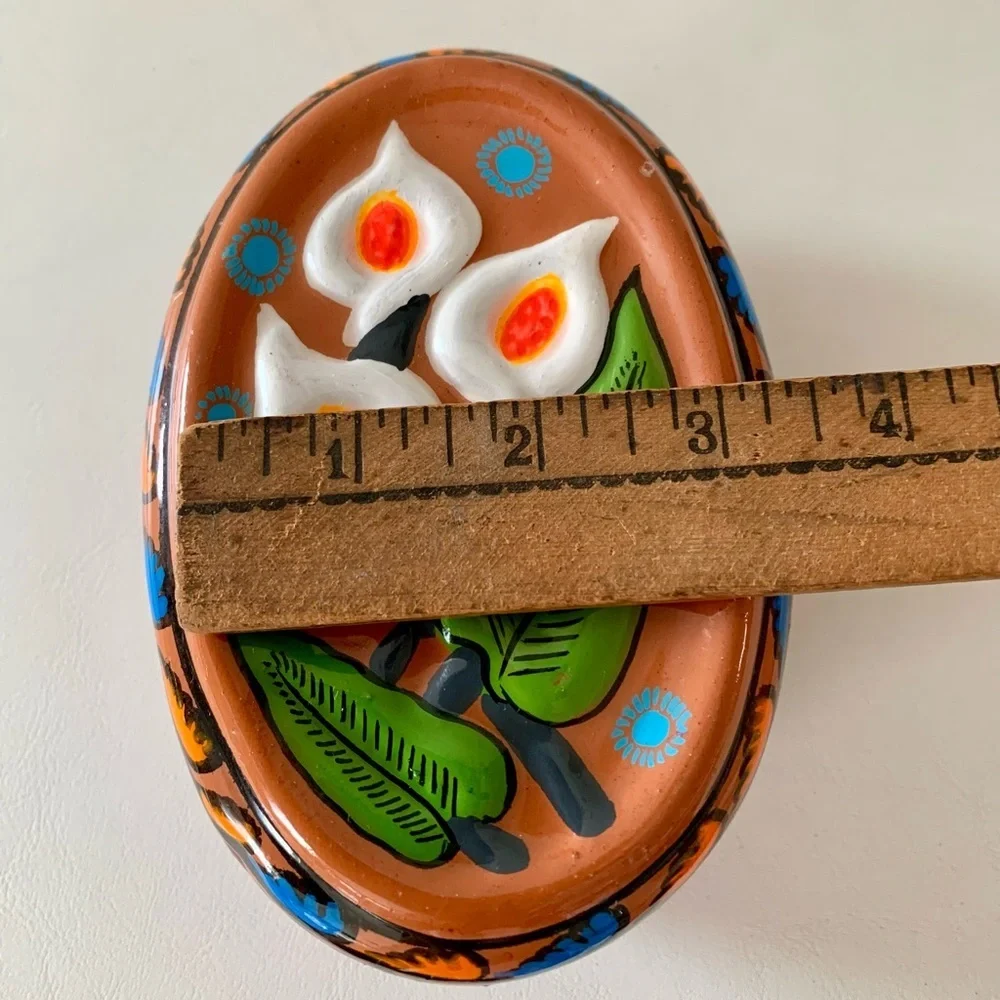 HAND PAINTED MEXICAN RED CLAY POTTERY FOLK ART OBLONG BOX CALLA LILY